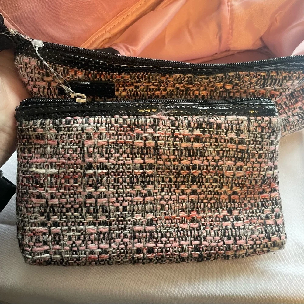 Celebrity Brand  Makeup Cosmetic Bag W Pouch Pink Black Tweed NWT